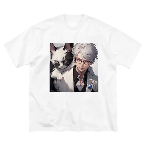 大型猫とメガネ男子 ビッグシルエットTシャツ