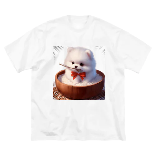 ご飯に埋もれる白ポメ ビッグシルエットTシャツ