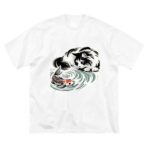 猫と鯉（水墨画風） ビッグシルエットTシャツ