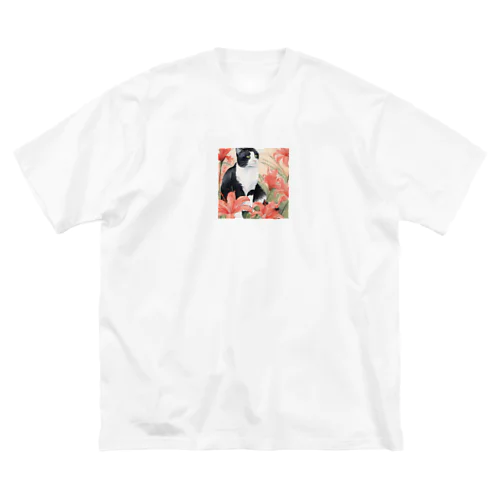 白黒ハチワレ猫と彼岸花 ビッグシルエットTシャツ