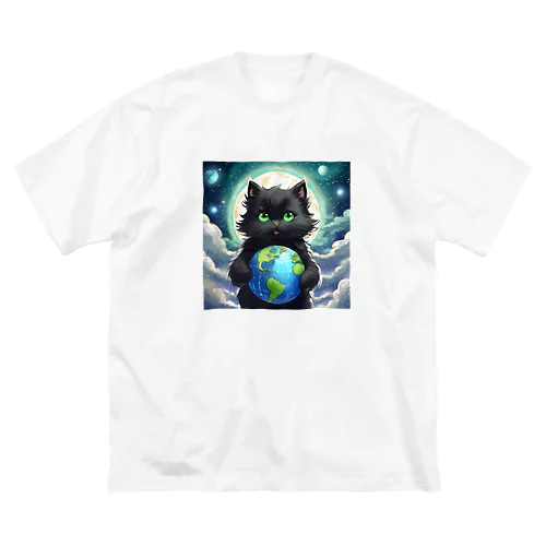 地球を抱きかかえる黒猫05 ビッグシルエットTシャツ
