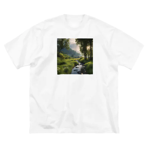 川と草原と山の風景 ビッグシルエットTシャツ