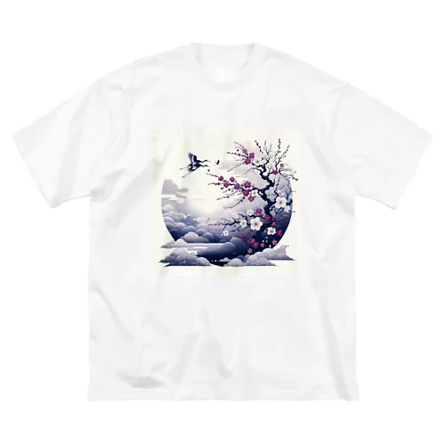 白背景の和風夜景 - 月と梅と鶴 ビッグシルエットTシャツ