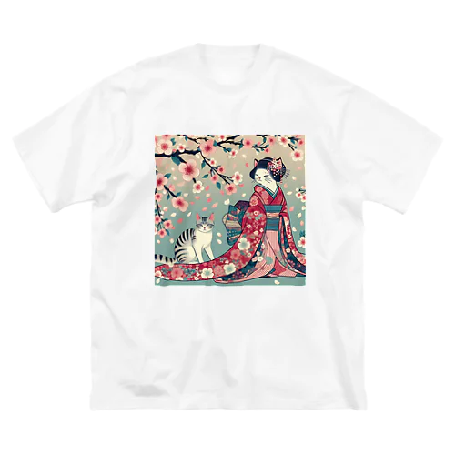 和風cat 見返り桜 ビッグシルエットTシャツ