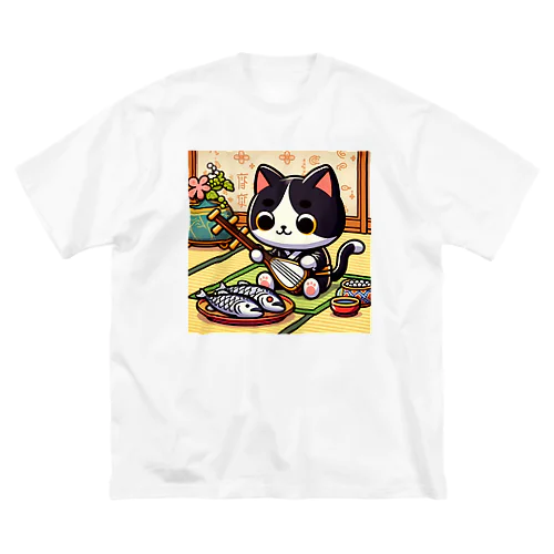 三味線をひく猫 ビッグシルエットTシャツ