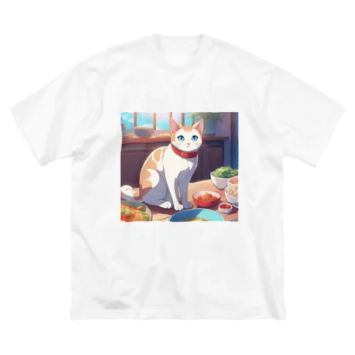 ご飯の前で座り込む仕草の猫 ビッグシルエットTシャツ