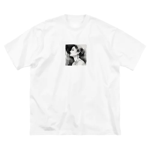 はかなげな女性（モノクロ） ビッグシルエットTシャツ