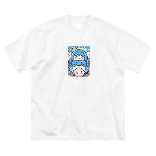 青い髪の姫とピンクのかわいい生物♪ ビッグシルエットTシャツ