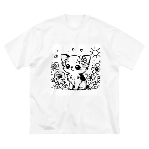 **お花の子犬のチワワ**モノクロ Big T-Shirt