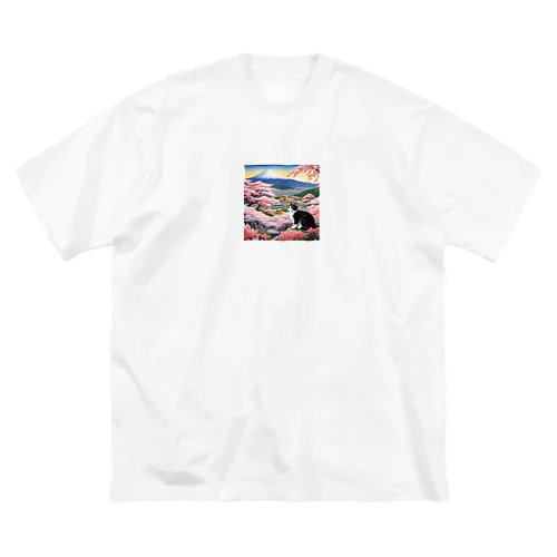 桜と富士山と猫 ビッグシルエットTシャツ