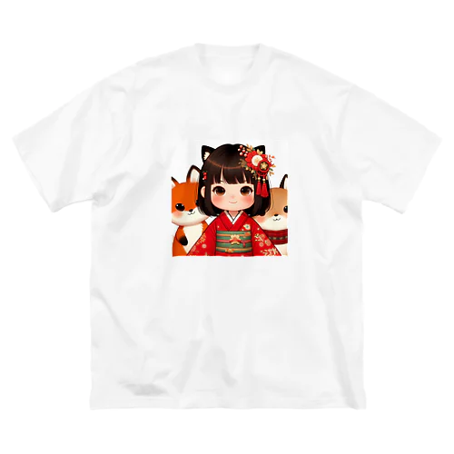 狐娘とかわいい狐 ビッグシルエットTシャツ