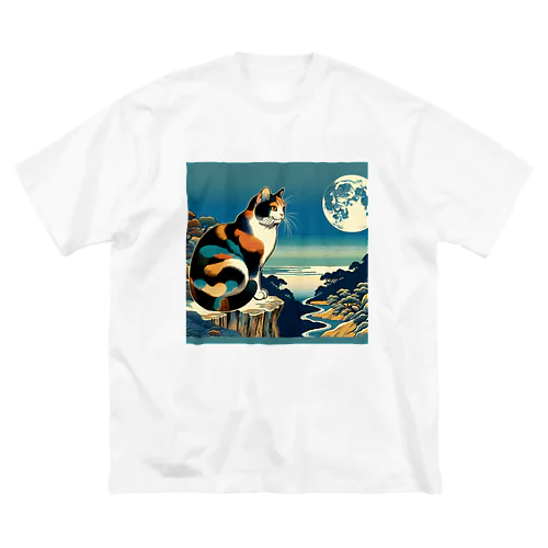 "A calico cat with a ukiyo-e style and the full moon." "一只浮世绘风格的三花猫和满月。" 루즈핏 티셔츠