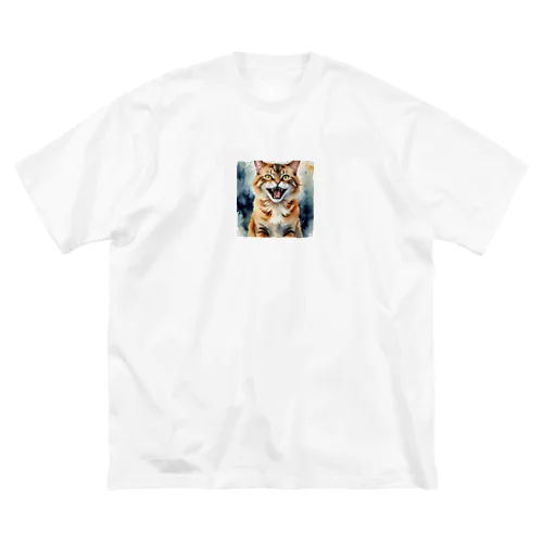 怒った猫の表情が鮮やかに描かれた水彩画 ビッグシルエットTシャツ