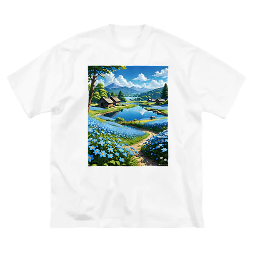 湖のほとり青の草原 ビッグシルエットTシャツ