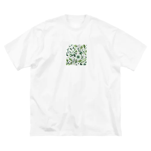 数学的で洗練されたデザインの白と緑の花 ビッグシルエットTシャツ