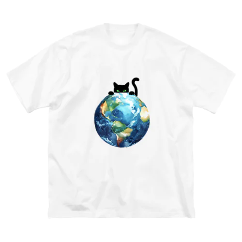 地球と黒猫 ビッグシルエットTシャツ