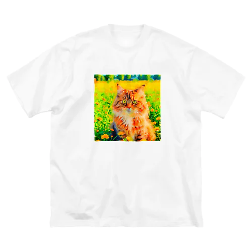 猫の水彩画/花畑のサイベリアンねこのイラスト/キジトラネコ Big T-Shirt