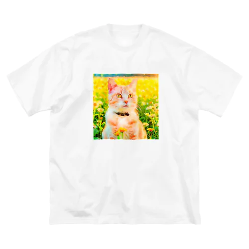猫の水彩画/花畑のチャシロねこのイラスト/茶白ネコ Big T-Shirt