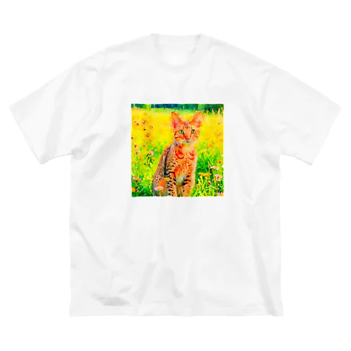 猫の水彩画/花畑のオシキャットねこのイラスト/キジトラネコ ビッグシルエットTシャツ