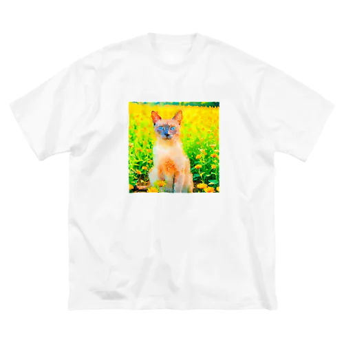 猫の水彩画/花畑のトンキニーズねこのイラスト/ポイントネコ ビッグシルエットTシャツ