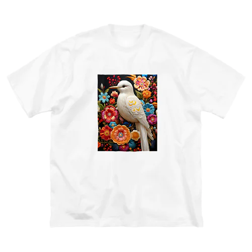 白い鳥さんとお花の刺繍 ビッグシルエットTシャツ