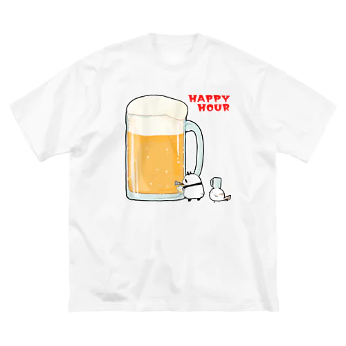 ハッピーアワーでビール祭りを開催するパンダとシマエナガ ビッグシルエットTシャツ