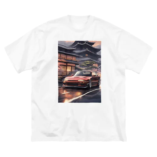 赤いスポーツカーと日本の風景 ビッグシルエットTシャツ