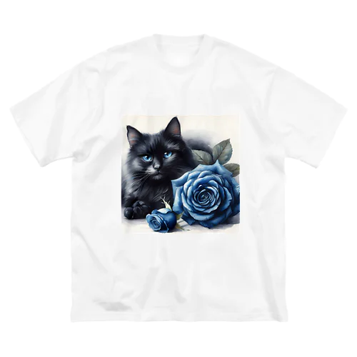 黒猫と青い薔薇 ビッグシルエットTシャツ