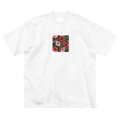赤色の花ハイビスカス ビッグシルエットTシャツ