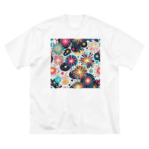 和風柄　花火柄 ビッグシルエットTシャツ