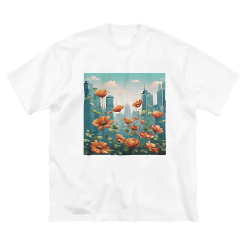 都市の背景に浮かぶ花 ビッグシルエットTシャツ