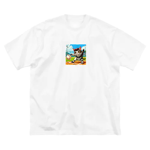 もうすぐ甲子園！野球の練習するニャンコ A ビッグシルエットTシャツ