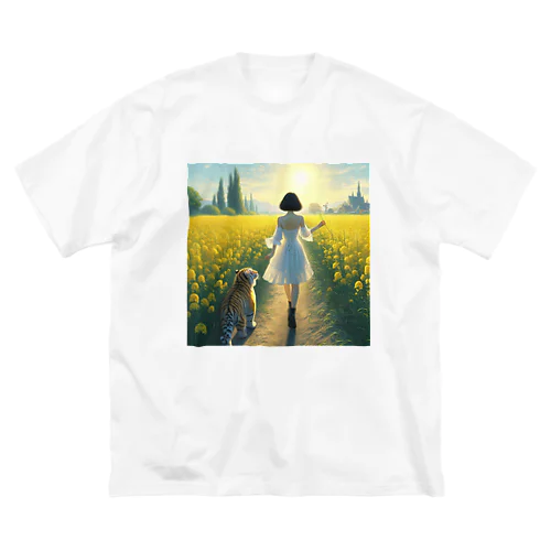 菜の花畑の少女と小虎 ビッグシルエットTシャツ