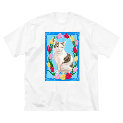 チューリップと猫 ビッグシルエットTシャツ