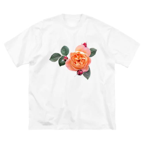 【ロマン】蕾と葉のついたオレンジピンクの薔薇 ビッグシルエットTシャツ