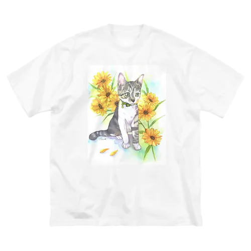子猫とヒマワリ ビッグシルエットTシャツ