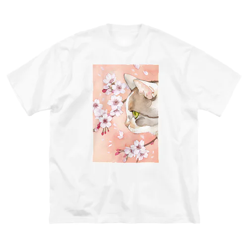 桜と三毛猫 ビッグシルエットTシャツ