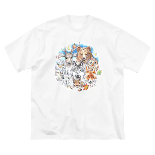 熊・鹿・フクロウ・オオカミ・キツネ・鷹・イモリ・うさぎ・リス・ジョウビタキ ビッグシルエットTシャツ