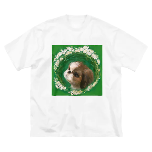 かわいいシーズー 犬と雪柳のフラワーリース ビッグシルエットTシャツ