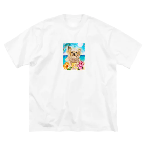 ヨーキー常夏ハイビスカス ビッグシルエットTシャツ