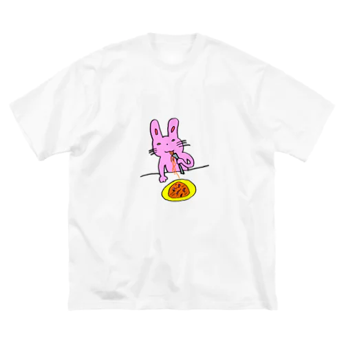 お絵描き「パスタ食べるウサギ」 ビッグシルエットTシャツ