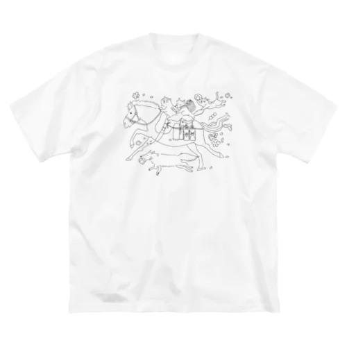 お花見に向かう馬、狸狐猫(線画Ｖｅｒ．) ビッグシルエットTシャツ