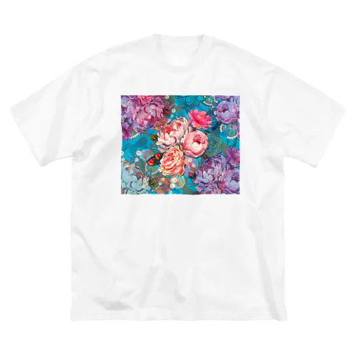 薔薇、芍薬、牡丹のボタニカルブーケと螺鈿模様の壁紙イラスト Big T-Shirt