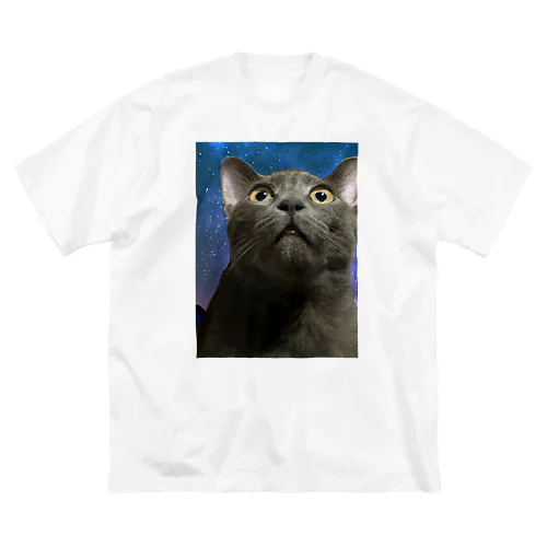 灰色なびっくりした猫 ビッグシルエットTシャツ