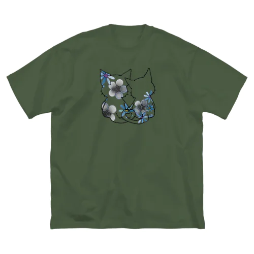 ネコ＊なかよし♪　花モノクロ ビッグシルエットTシャツ