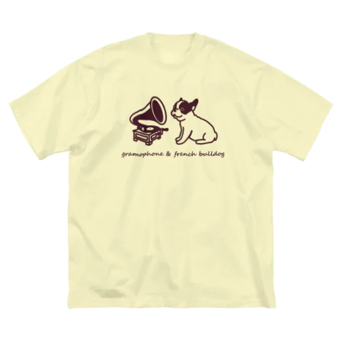 フレンチブルドッグと蓄音機 ビッグシルエットTシャツ