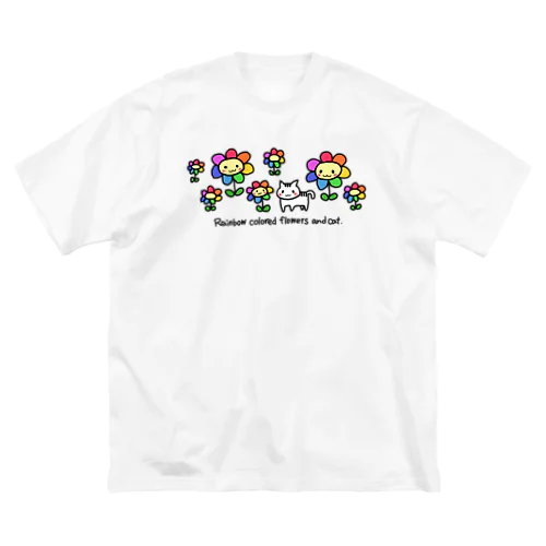 虹色の花と猫（フチなし） ビッグシルエットTシャツ