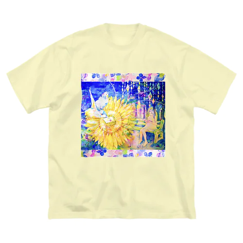 向日葵と翡翠・紫陽花の花びら（正方形） ビッグシルエットTシャツ