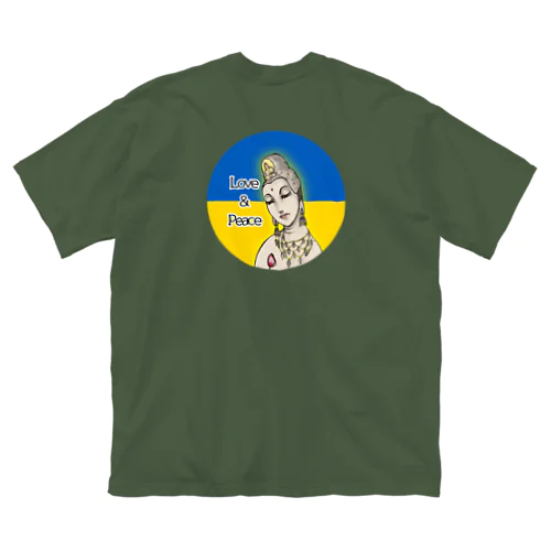 Love＆Peace観世音菩薩ウクライナ国旗背景 ビッグシルエットTシャツ