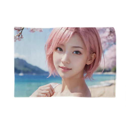 桜と青空と海とピンクの髪の女の子 ブランケット